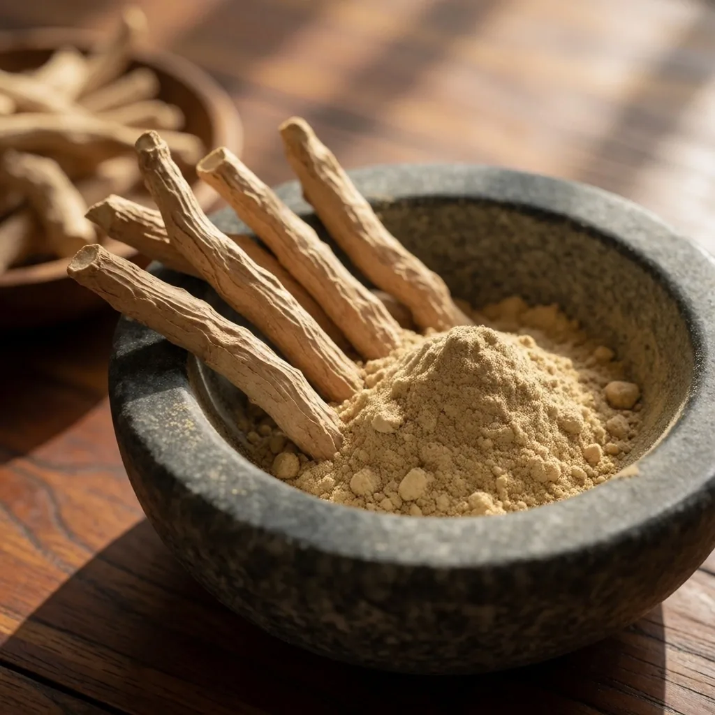 Ashwagandha powder in mortar