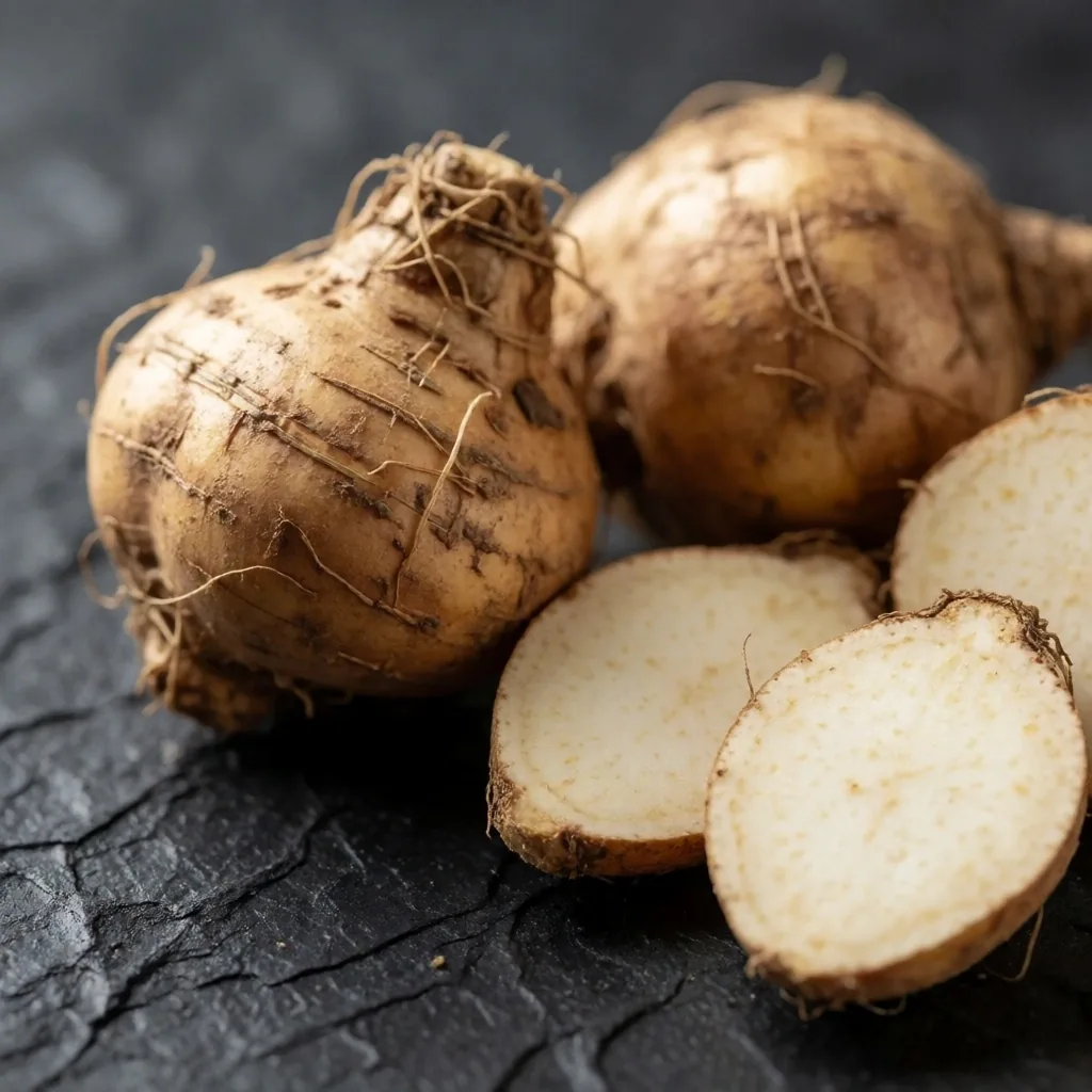 Maca root halves on dark plate