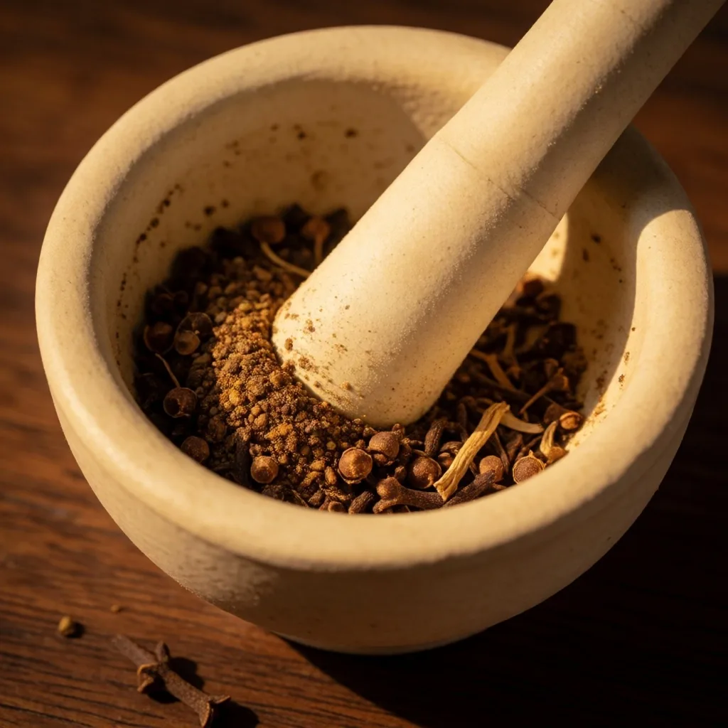 Mortar and pestle with ground botanicals