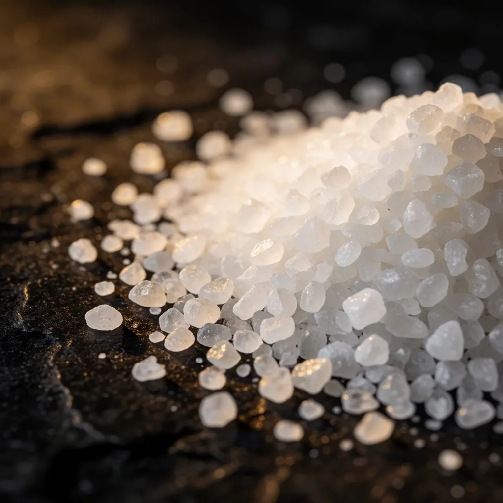 Crystalline zinc mineral powder on dark surface