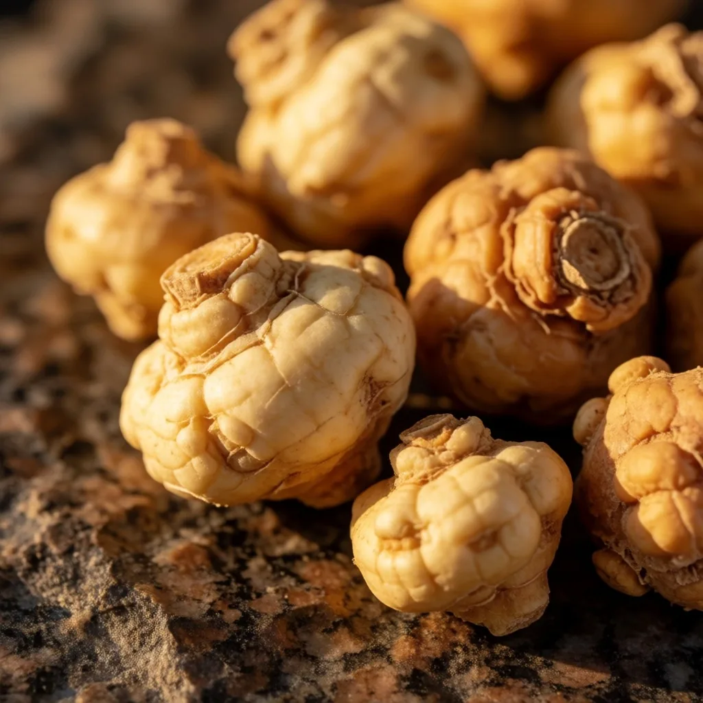 Dried maca root tubers arranged on granite