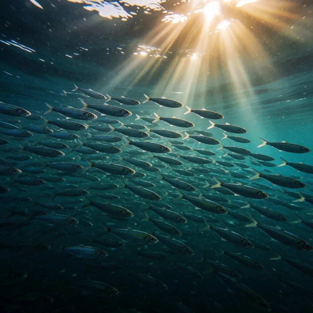 School of fish in ocean water with sunlight