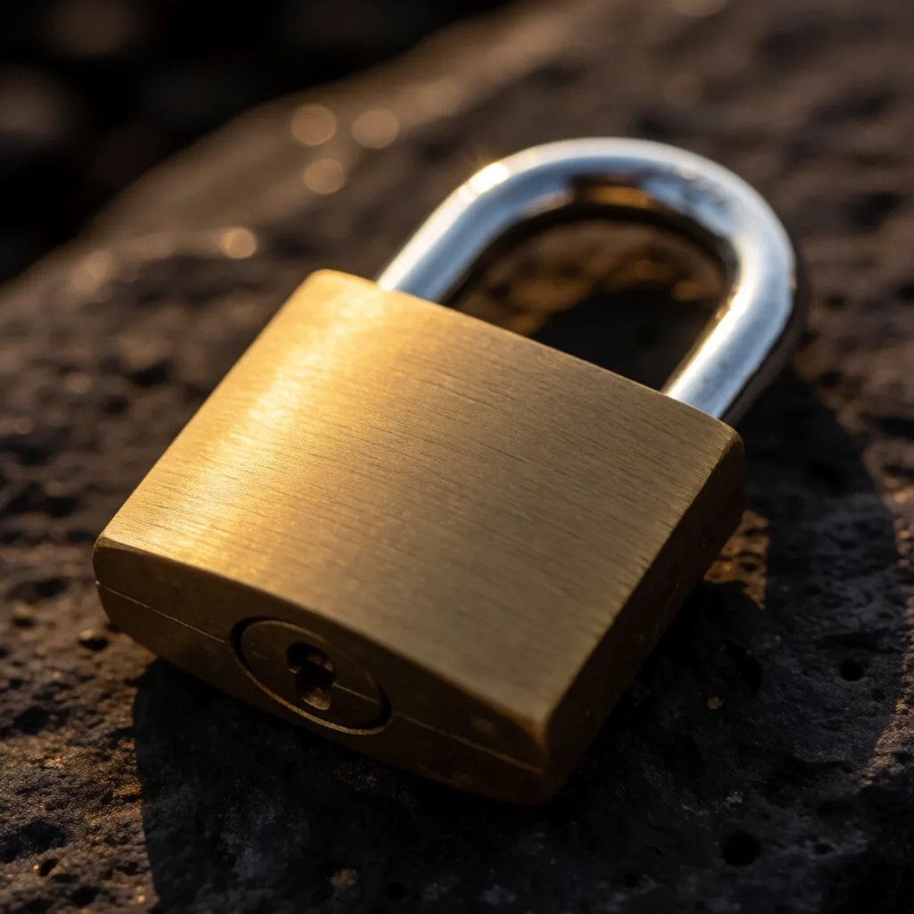 Brass padlock on dark surface