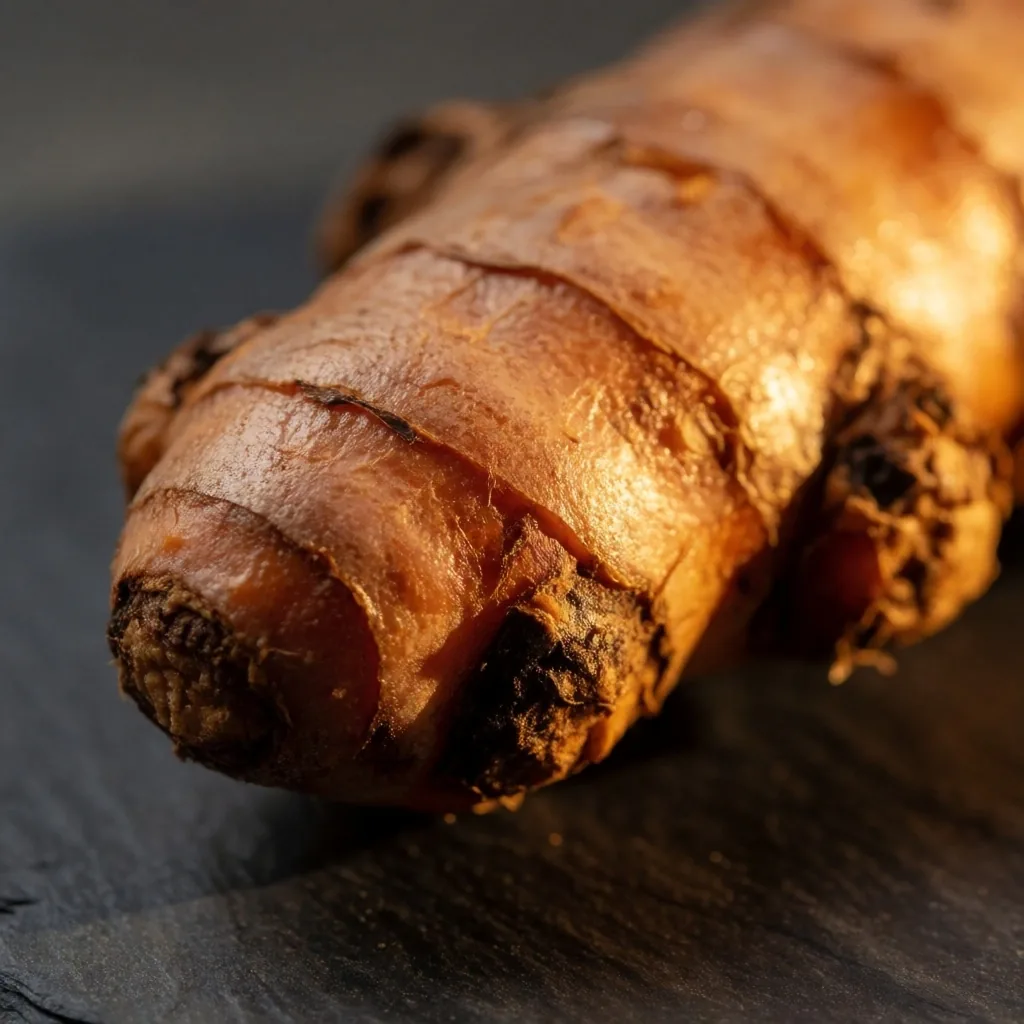 Raw turmeric root on dark surface