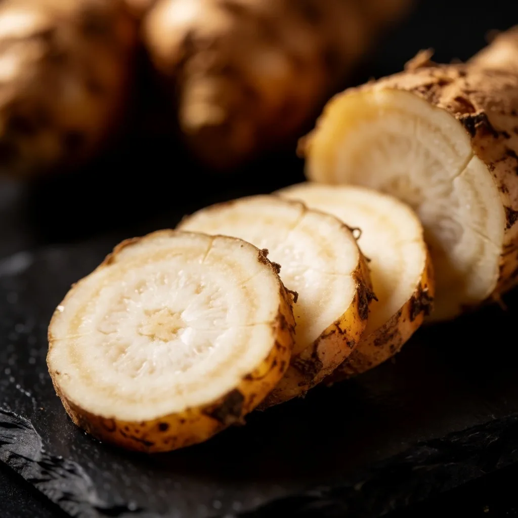 Cross-section of maca root showing concentric rings in warm light