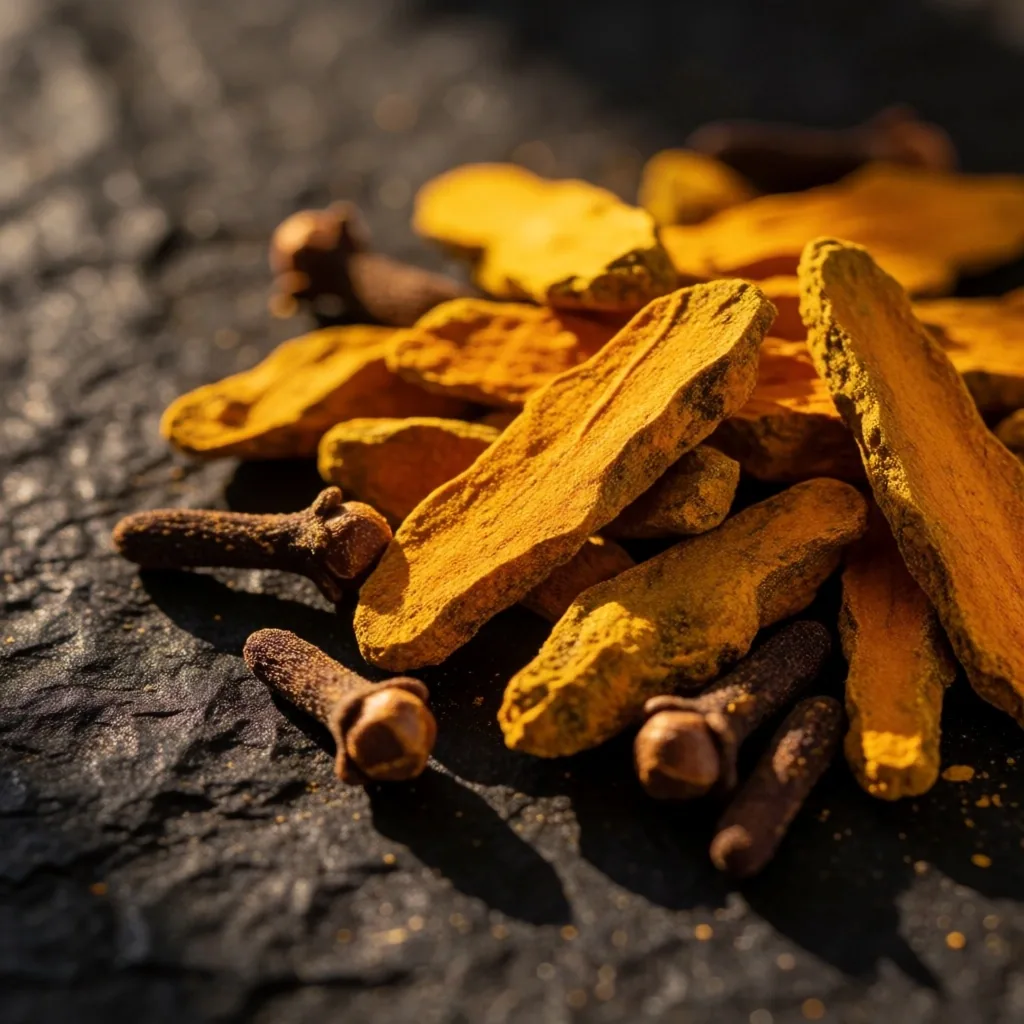 Dried turmeric pieces and cloves scattered on a dark surface