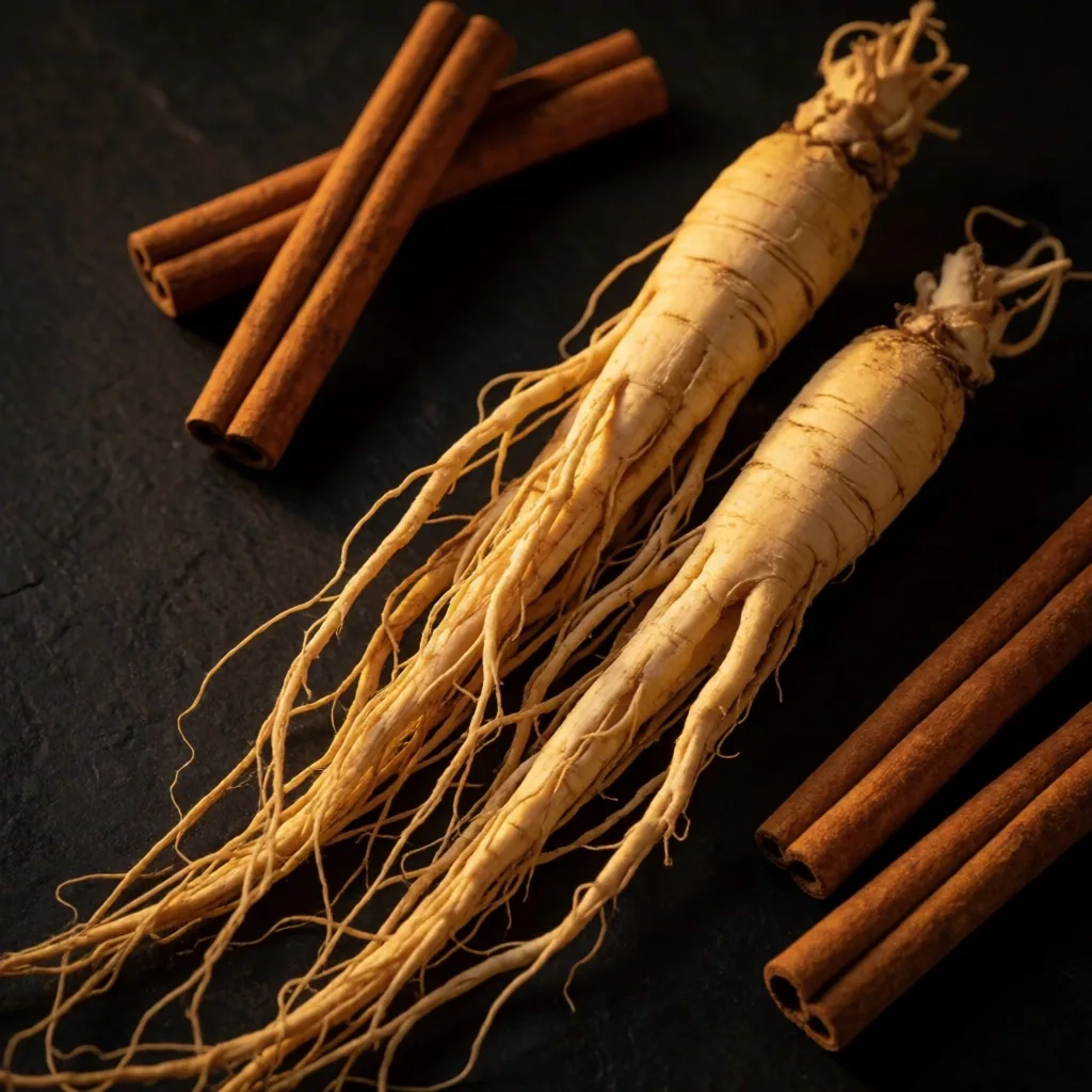 Dried ginseng roots arranged on dark slate in warm raking light