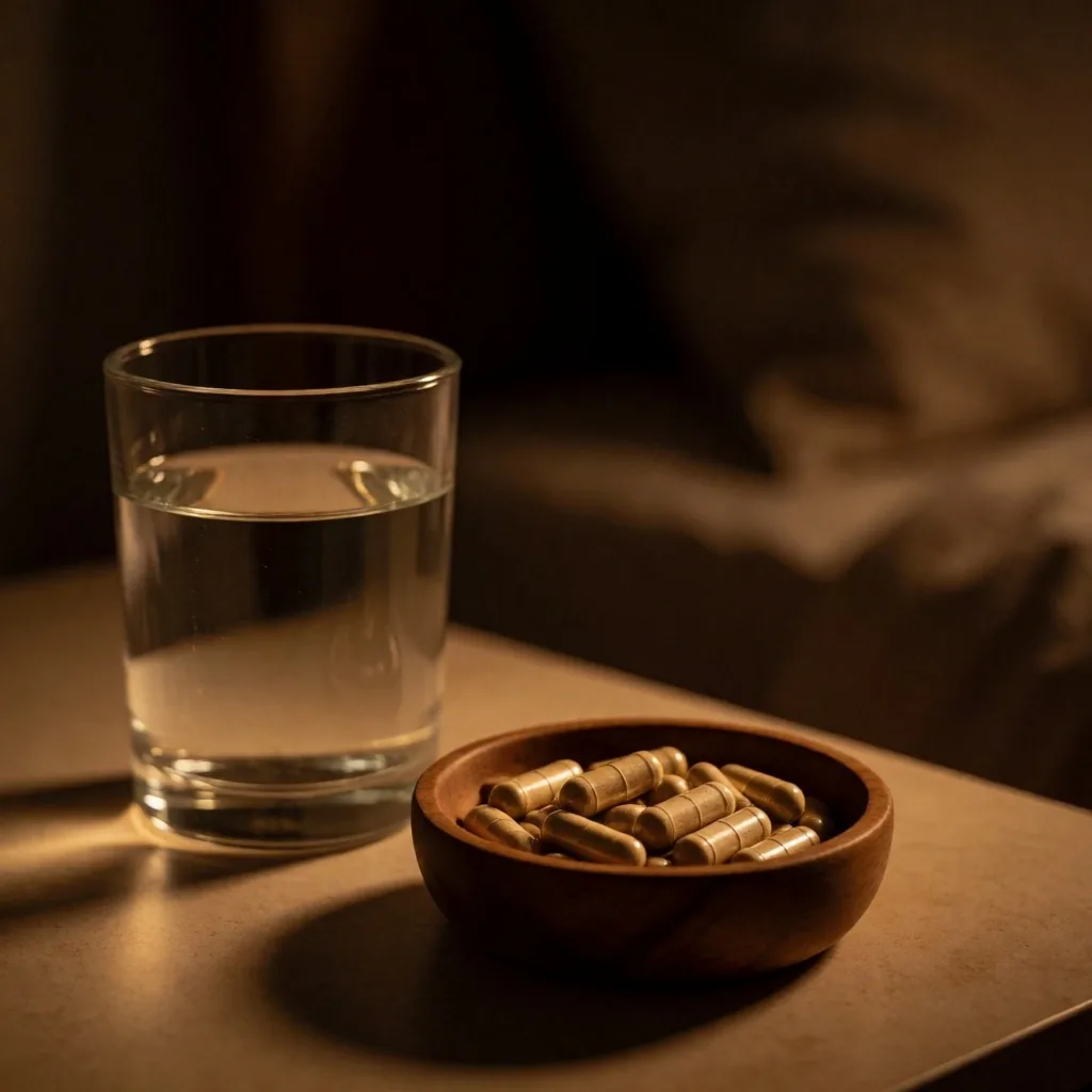 Evening windowsill with herbal tea and dried herbs in dim lamp light