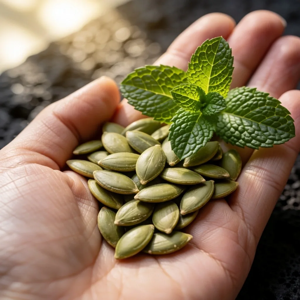 Mint leaves and pumpkin seeds on dark stone surface in soft light