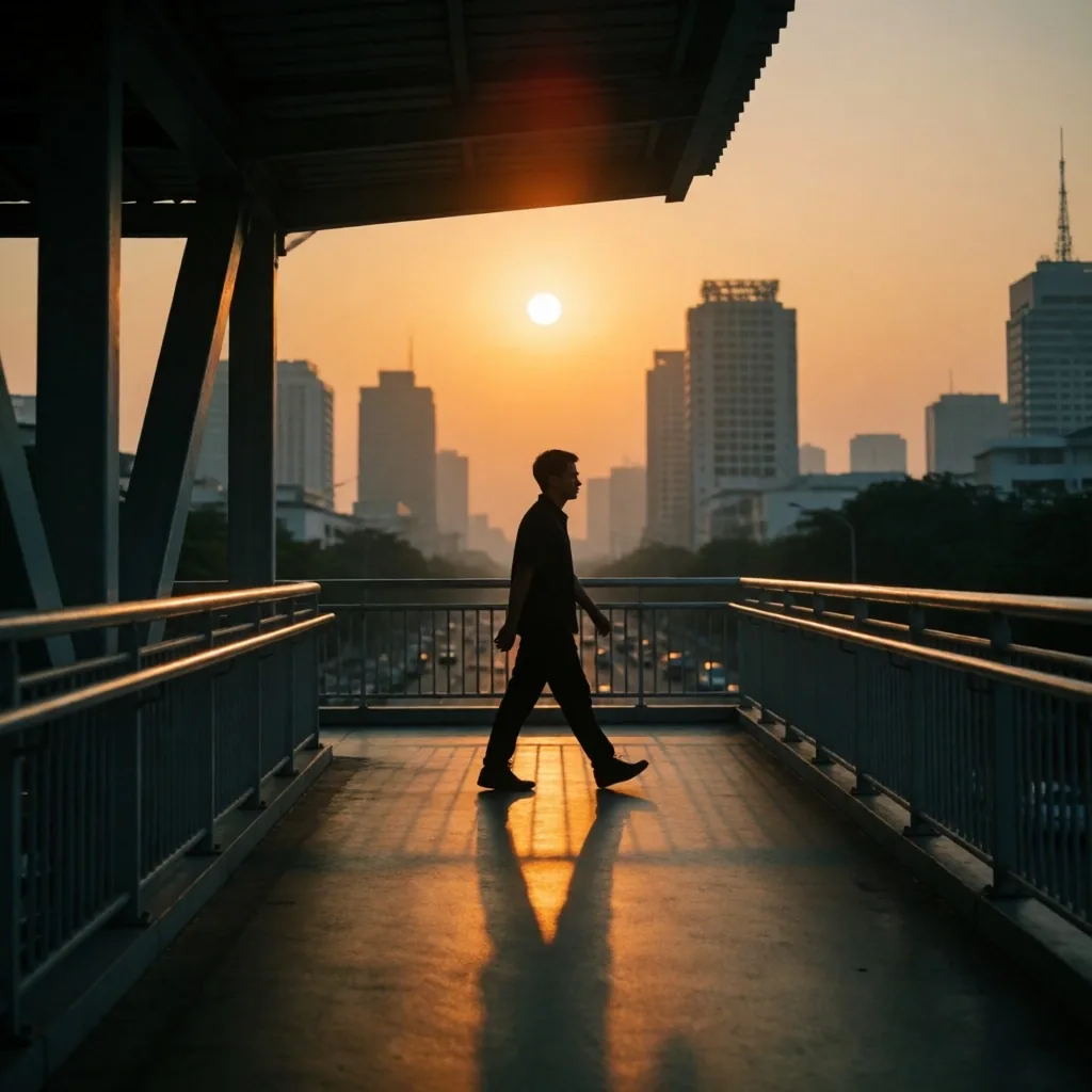 Silhouette of a man walking through Jakarta at golden hour