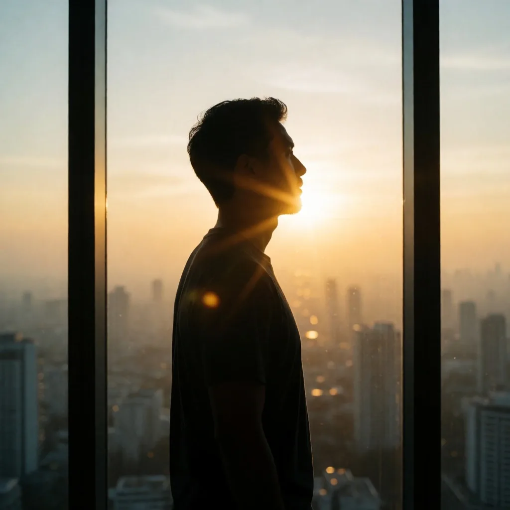 Silhouette of a man standing at a window in warm dawn light